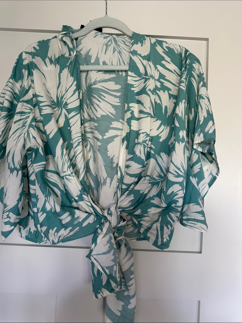 Final Touch Teal and White Floral Tie-Front Blouse